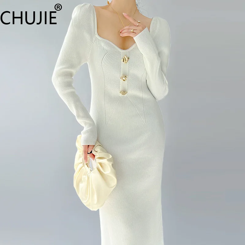 

CHUJIE Women's Dress Fashion Commuter dashed square neck gold buckle slim knit dress 2025 Spring New