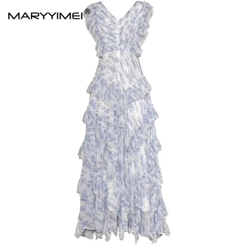 MARYYIMEI-Vestido vintage de manga curta com decote em v feminino, borda babada em camadas, vestido chique elegante, vestidos maxi boêmios estampados, nova moda