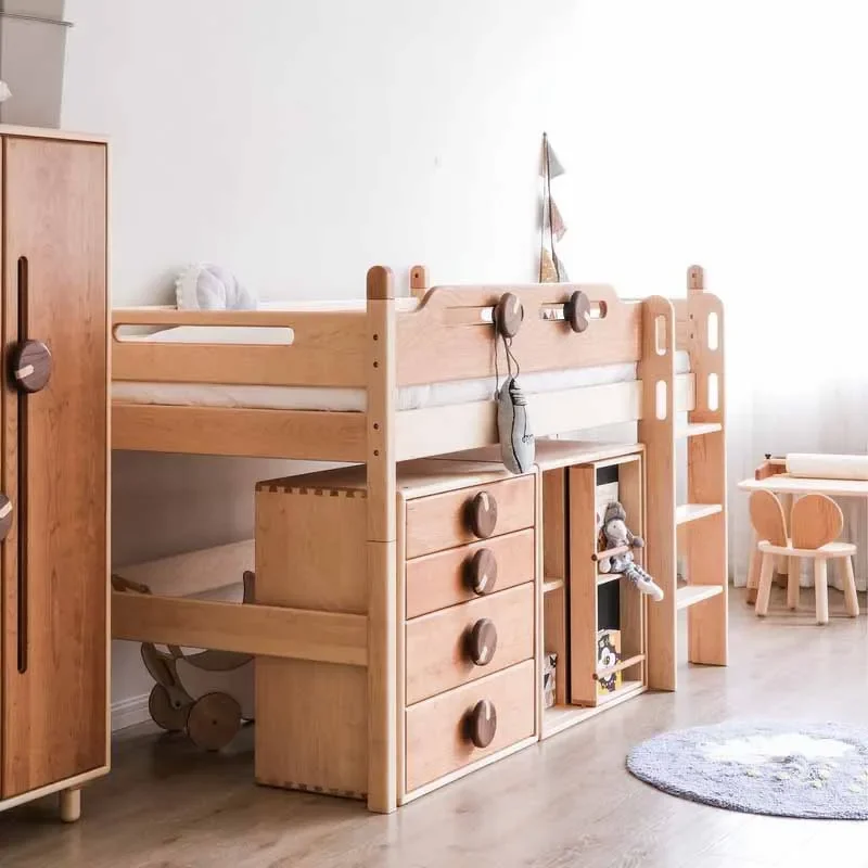 Single medium elevated bed High and low half high bed, house with guardrail Maple solid wood, children's bed Tree house bed