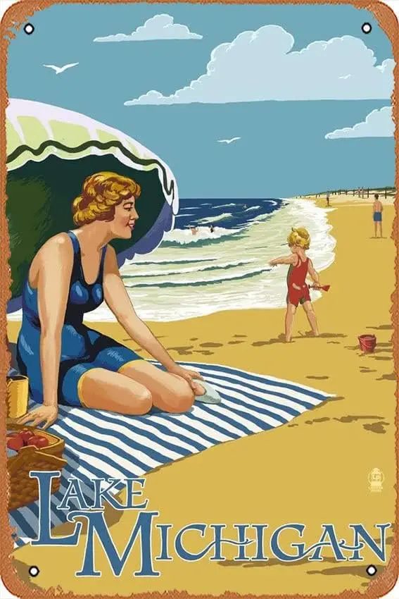 Tin Sign Vintage Lake Michigan,Beach Scene Bar Club Family Bathroom Toilet Cafe Funny Wall Decoration Gift Metal Signs 8x12 sign