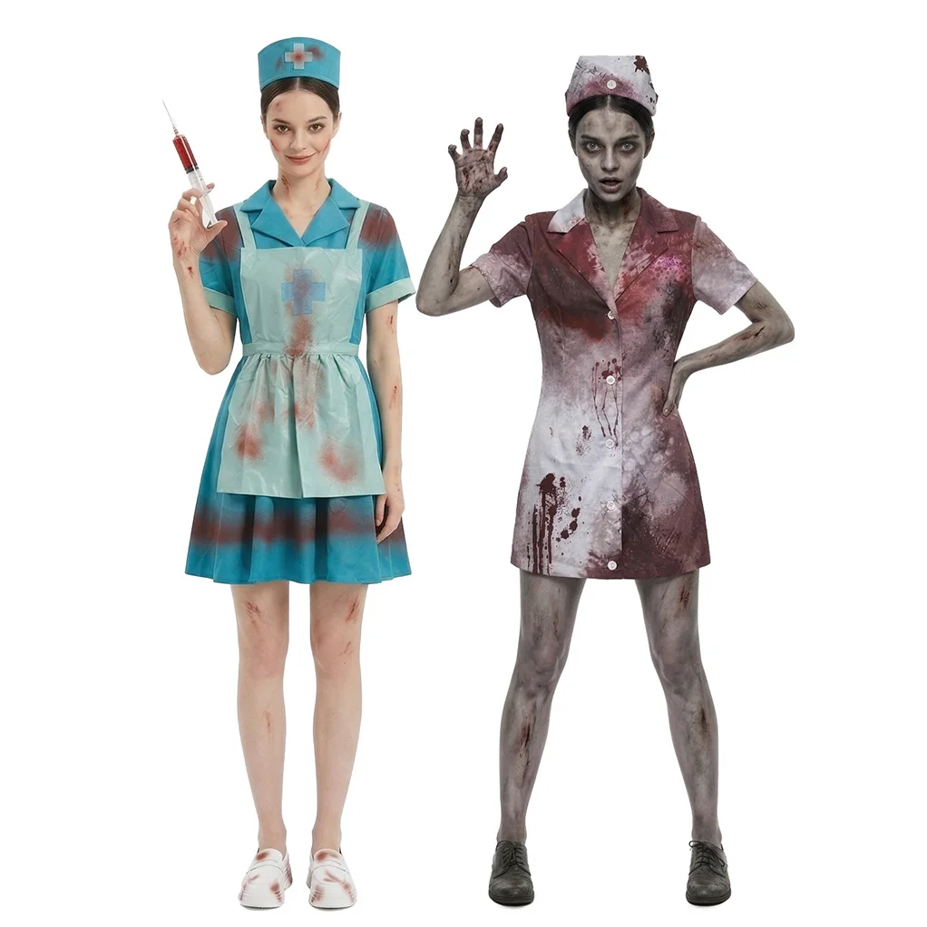 Zombie Nurse Costume with Bloodstained Nurse Skirt Horror Theme Makeup Dance Stage Costume Halloween Thriller Night