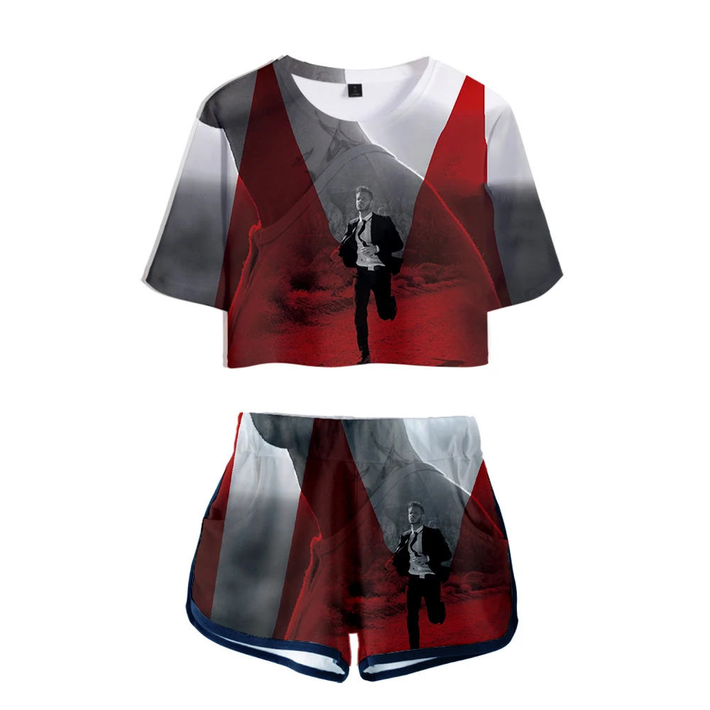 Fashion Youthful 3D Rapper Matt Pokora M. Pokora Short Sleeve Sexy Shorts+lovely T-shirts Dew navel Girl suits Two Piece Set