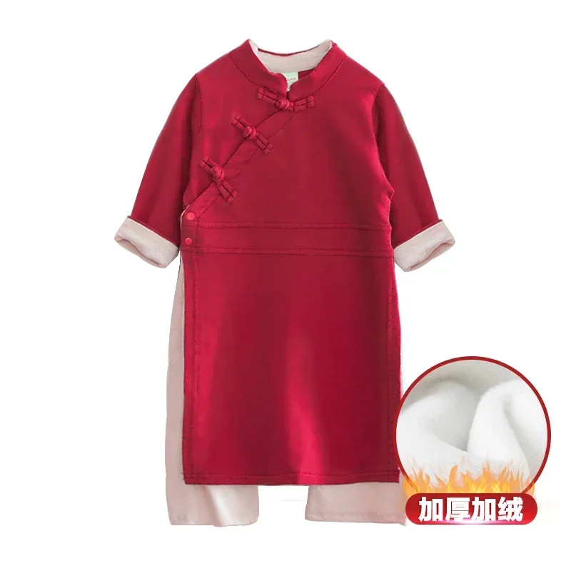 

Chinese Red New Year Outfit for Baby Boys Girls Winter Cute Cotton Thickened Long Sleeves Tang Suit Robe Shaolin Kung Fu Suit