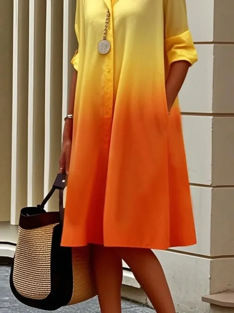 Yeezzi オフィスレディグラデーションカラーラペルシャツドレス女性ファッション長袖ルーズボタンエレガントパーティーイブニングミディドレス