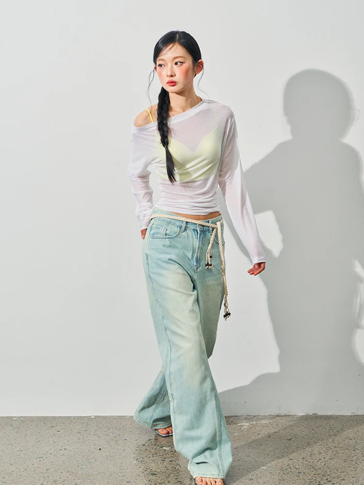 

High Waist Straight Leg Jeans Versatile High Waist Wide Leg Pants Casual Loose Fit Cotton Stretch Denim Summer Faion