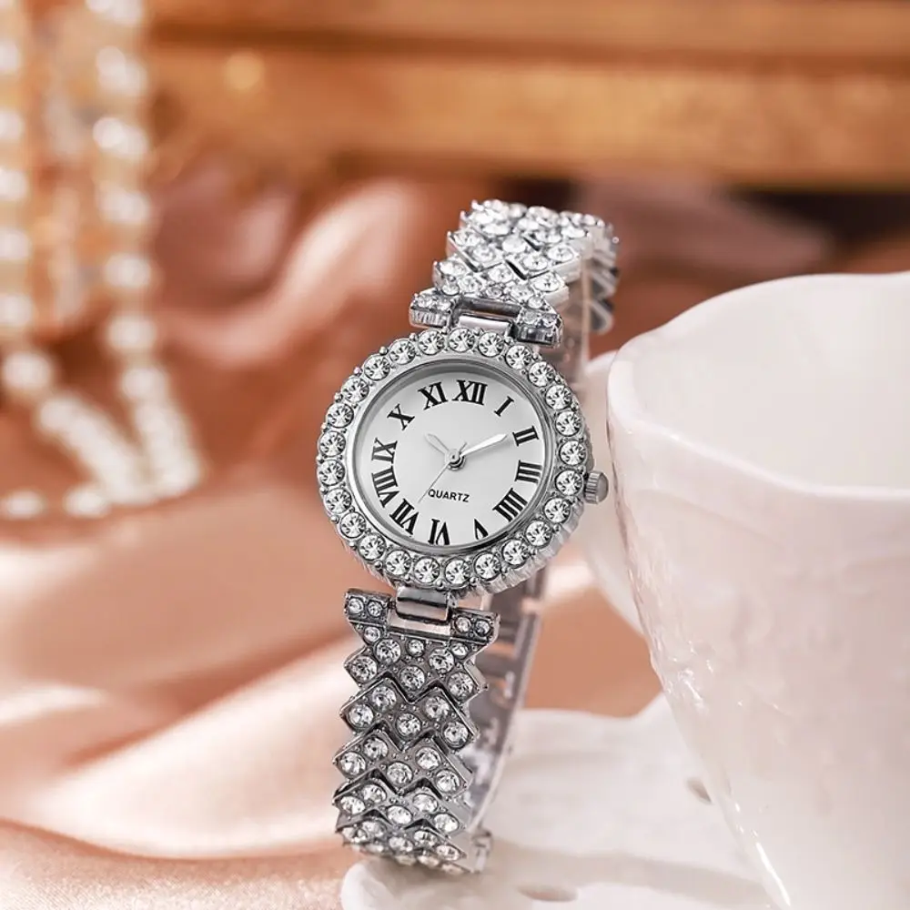 2PCS/Set Roma Dial Quartz Watches Stainless Steel Band Bling Bling Rhinestone Watch Wrist Watch Bracelet Set Women's Watch