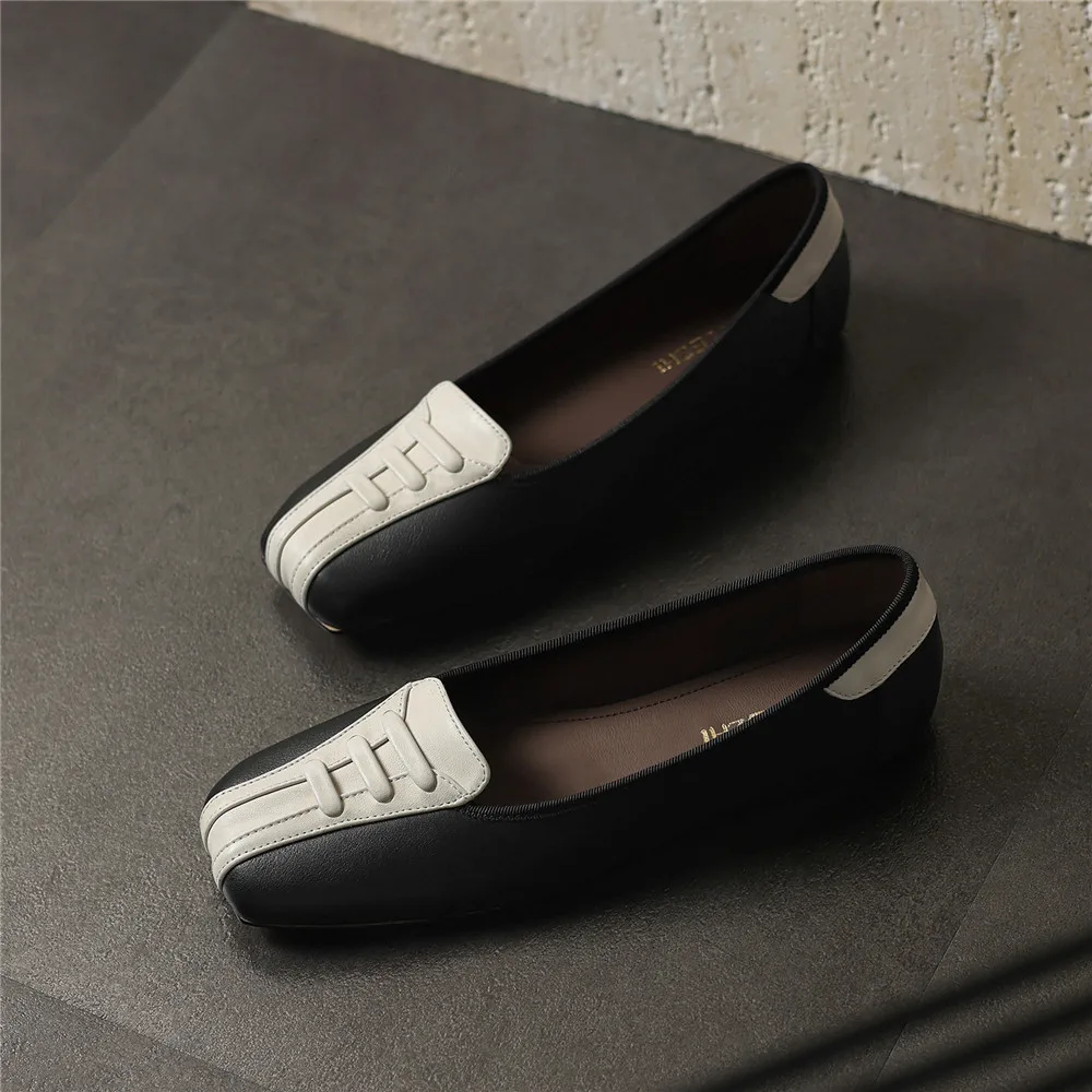 Aucegi تصميم جديد للنساء مريح مسطح القاع موضة ساحة تو مختلط اللون جلد طبيعي عدم الانزلاق فستان العمل أحذية الحياة اليومية