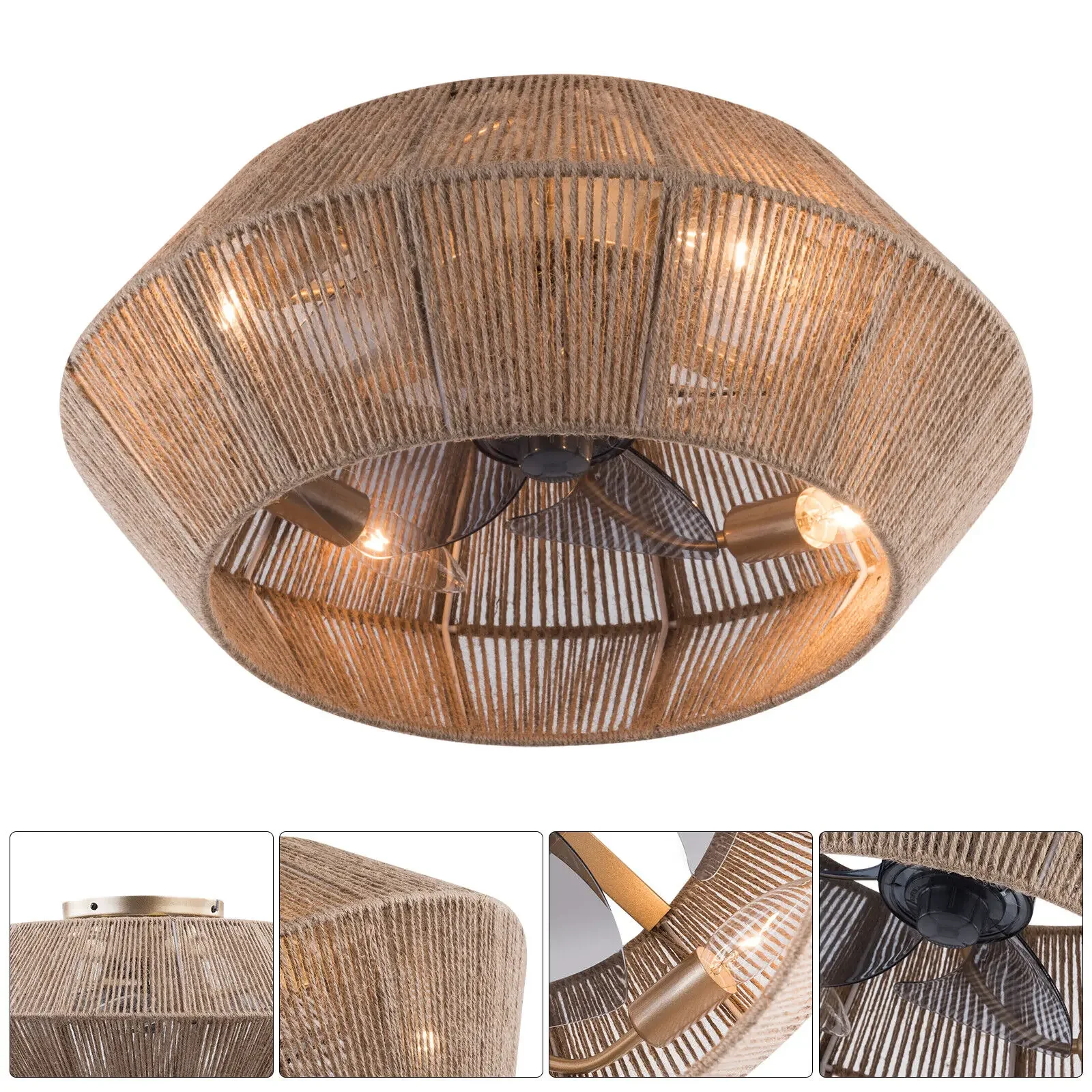 

Modern Rattan Cage Ceiling Fan Light - Flush Mount Boho Design + Remote