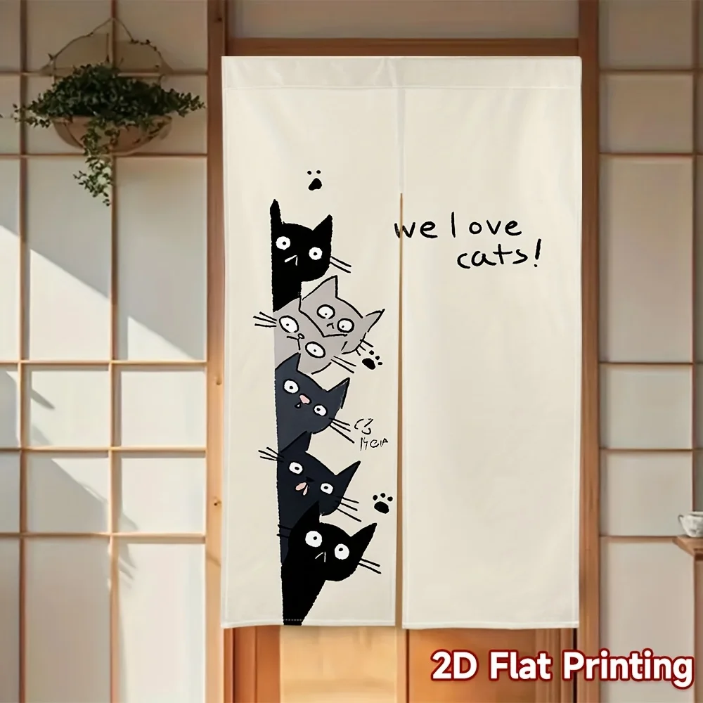 Playful Cats Noren Curtain – Black & White Cats Peeking, 