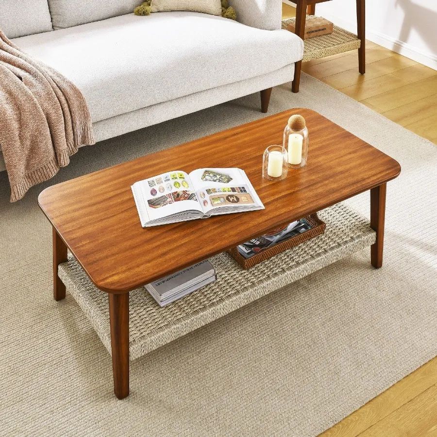 

47.25 MidCentury Coffee Table with Woven Shelf Boho Rattan Coffee Table with Storage Farmhouse Wood Low Rectangle Tea Table for