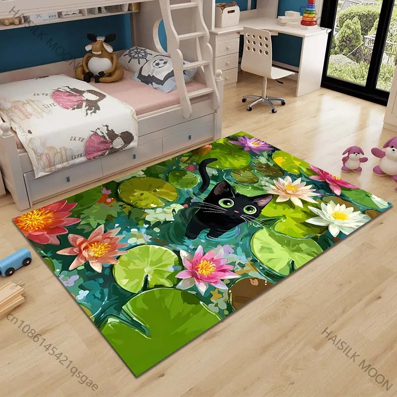 Multiple sizes Black cat in lily pond Carpet for Living Room Bedroom Sofa Home Decor Rus Non-slip Floor Mat Luxury Gift