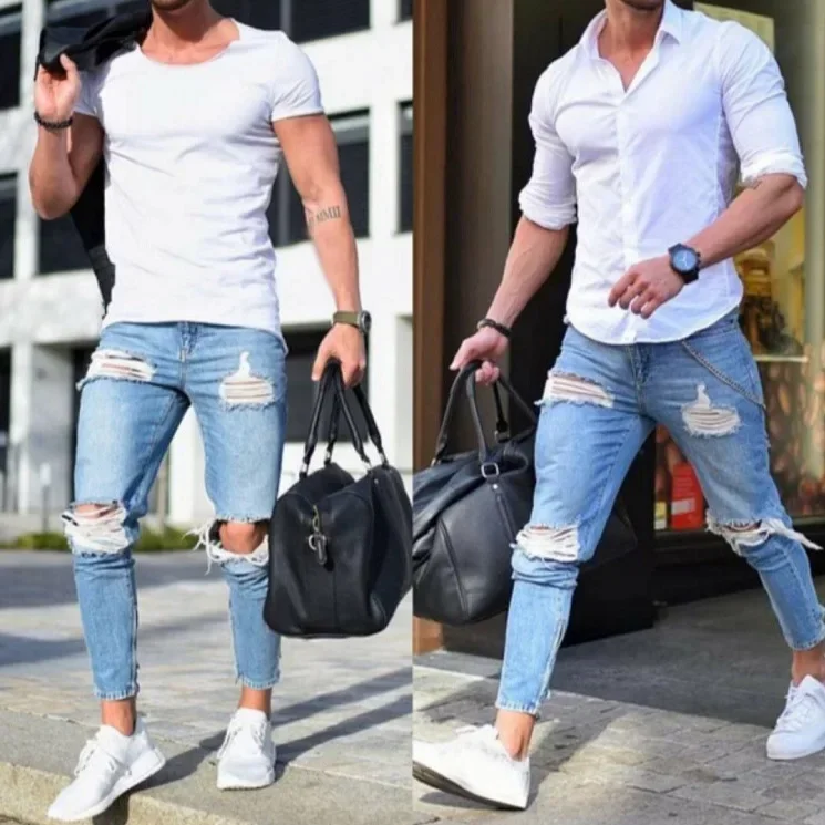 European and American New Style Slim-fit Jeans for Men, Long Pants, Trendy Street Ripped Solid-color Casual Slim-fit Jeans