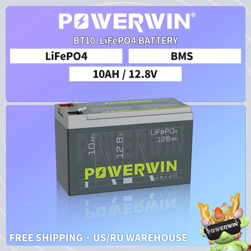 

POWERWIN 12.8V 10Ah LiFePO4 Battery Built-in BMS Rechargeable UPS Off-grid Solar Energy Electric Toy BT10 128Wh 4000+ Deep Cycle