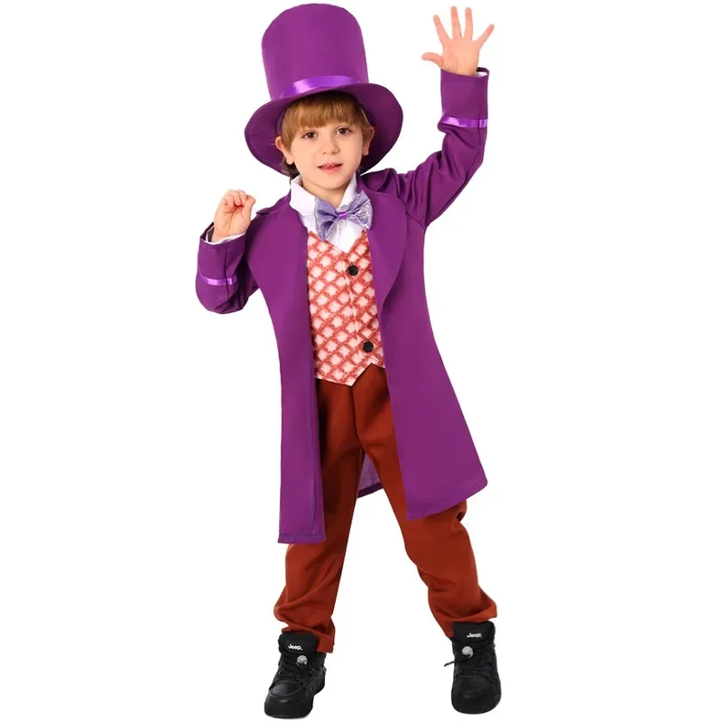 Movie Chocolate Factory Willy Cosplay Costume Kids Purple Coat Hat Pants Bow Tie Full Set Disguise Willy Children Suit Halloween