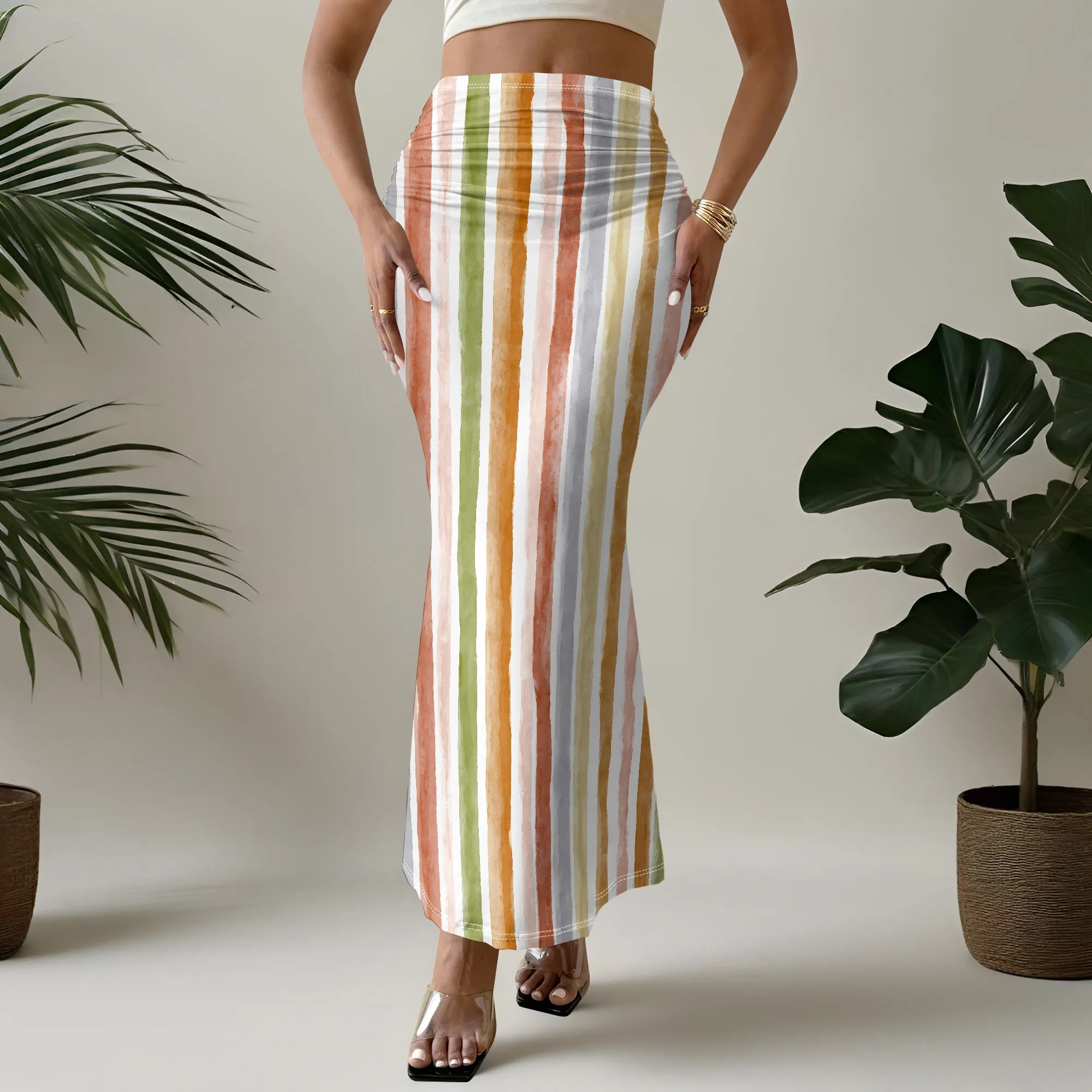 Striped Print Skirt, Mermaid Hem Maxi Skirt, High Waist A-Line, Summer Beach Wear, S-2XL