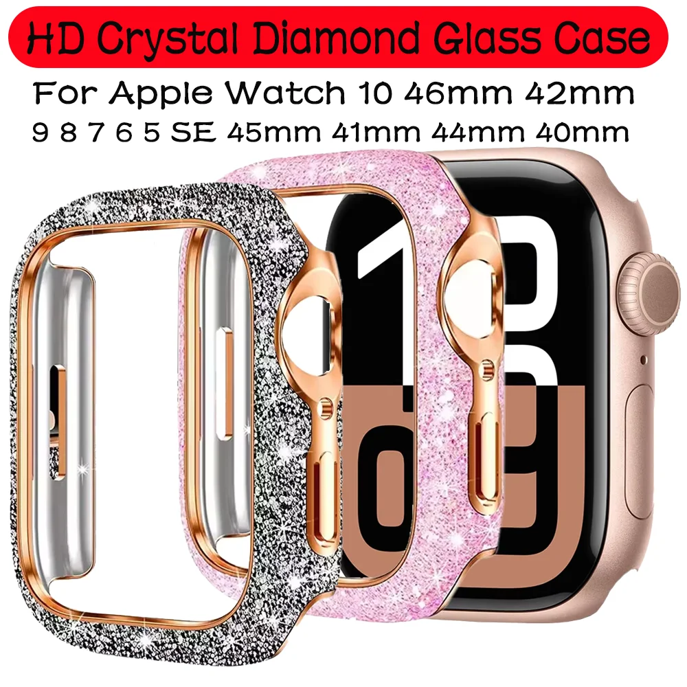 HD كريستال الماس الزجاج الحال بالنسبة ل أبل ساعة 10 46 مللي متر 42 مللي متر شاشة واقية قذيفة iWatch 9 8 7 6 5 SE 45 مللي متر 41 مللي متر 44 مللي متر 40 مللي متر غطاء