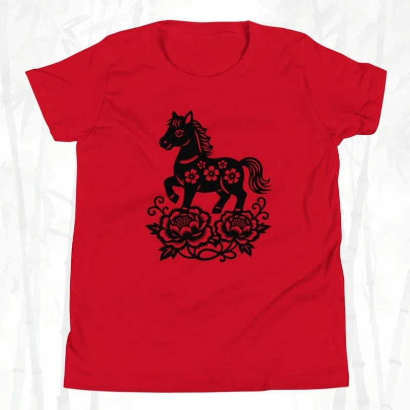 New Style Youth Year of The Horse Chinese Zodiac Art of Paper-cut Tee Lunar New Year 2026 for Unisex Lucky Gift Short-sleev