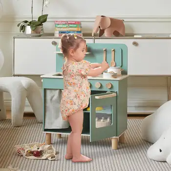兒童益智廚房玩具套裝,食物烹飪遊戲玩具,綠色木製廚房玩具,含廚房用具配件 10 最佳銷售 兒童烹飪套裝 - №5