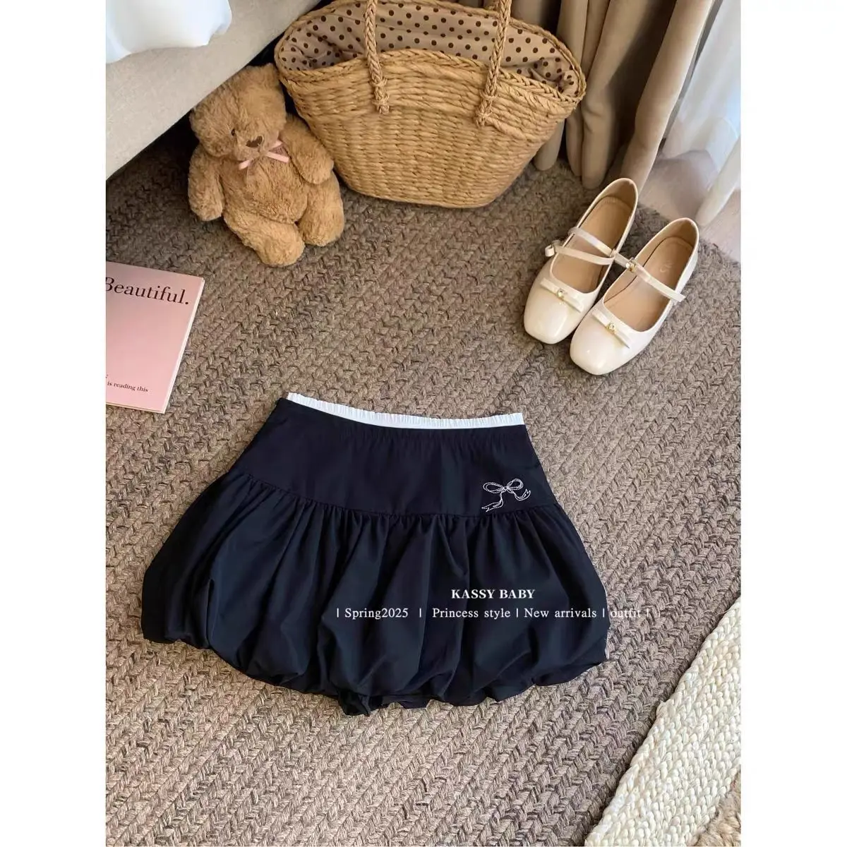 Retro contrastante arco flor bud saia curta feminina verão nova idade-reduzindo versátil saia fofa