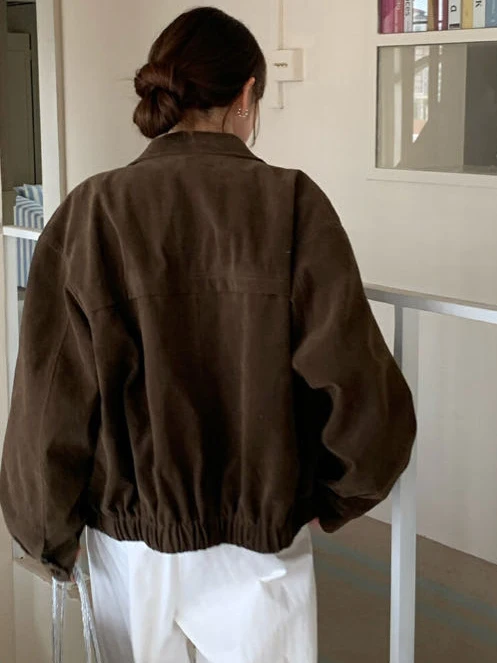 Retro Skórzana Kurtka Damska z Aksamitu, Zapinana na Zamek, Długi Top, Odzież Wierzchnia, Koreański Styl, Luźny Krój, Jesień, Nowość