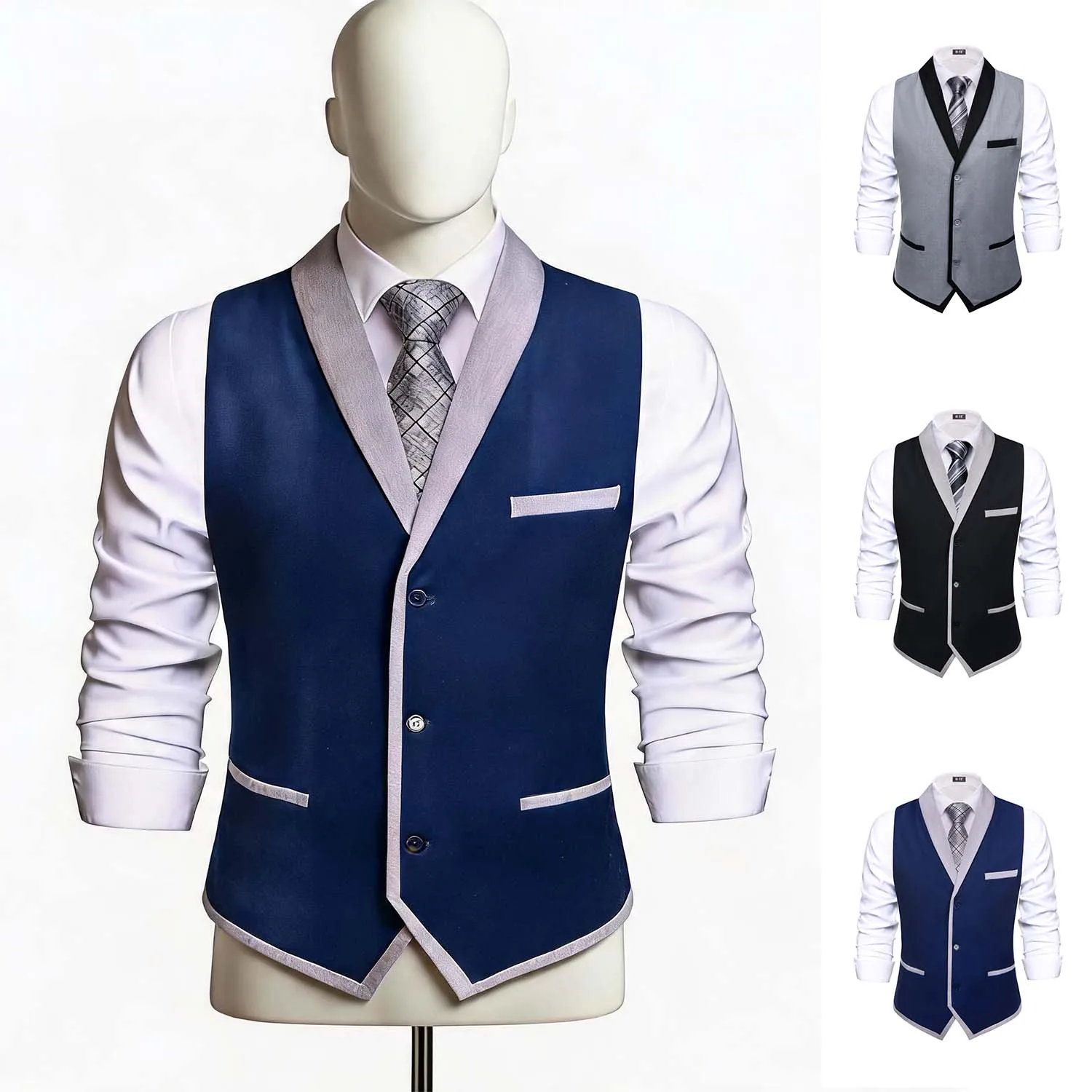 

Men Lapel Vest Single Piece Formal Waistcoat, Available in Black, Grey & Navy Blue for Wedding Business