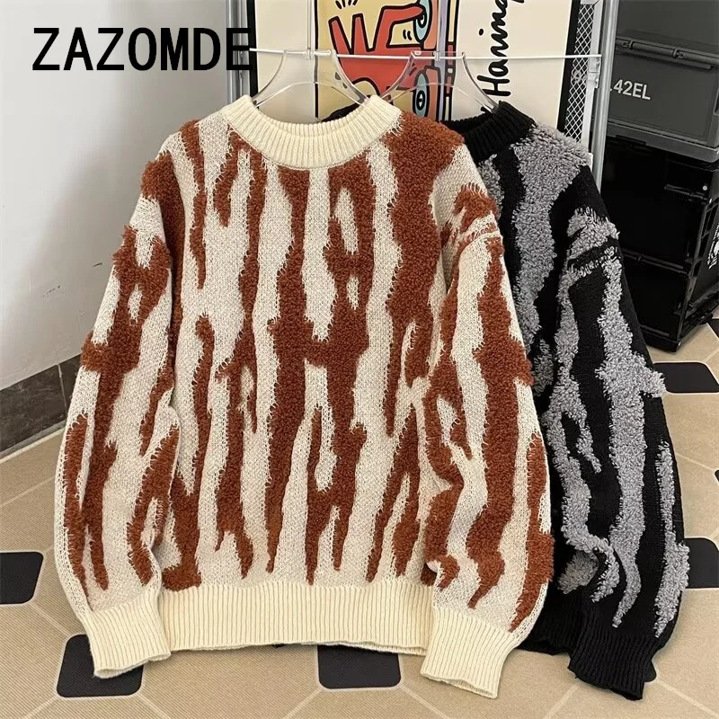 ZAZOMDE Autumn Trendy American Style Vintage Loose-Fit Fashion Casual Color Blocking Stripe Knit Long Sleeve Sweater Clothing