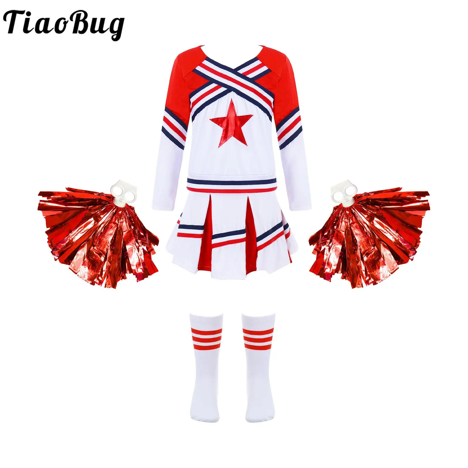 

Kids Girls Cheerleading Costume Cheerleader Uniforms Cheer Dance Competition Performance Outfits Star Printed Tops Skirt Socks