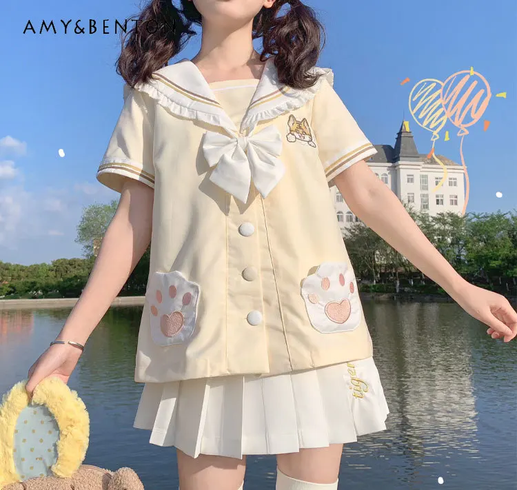 

2025 Summer and Autumn New Tiger Embroidery JK Uniform Japanese Soft Girl Sweet Cute Short Sleeve Short Skirt Sailor Suit Set
