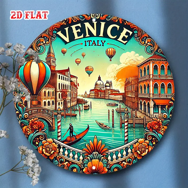 Arte de parede de alumínio 2D plana, 1 unidade Veneza Itália -Gondola&St. Sinal de metal de basílica de Mark, decoração de arquitetura italiana vibrante para casa
