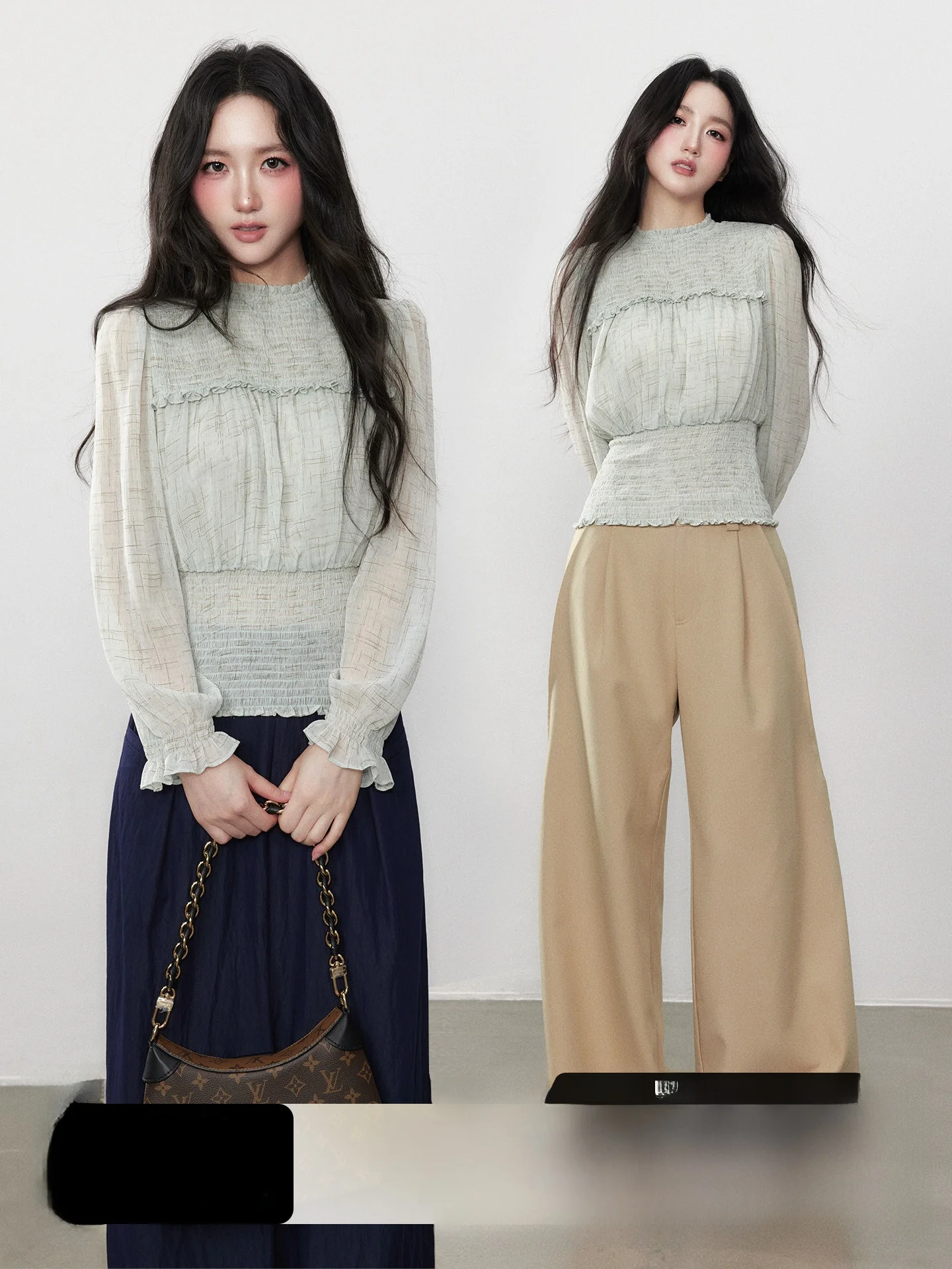 

Yuzhi Commute Simple Matching Spring een round Ne Chiffon Waist Cinching Slimming Sun Protection Long Sve Women's Top