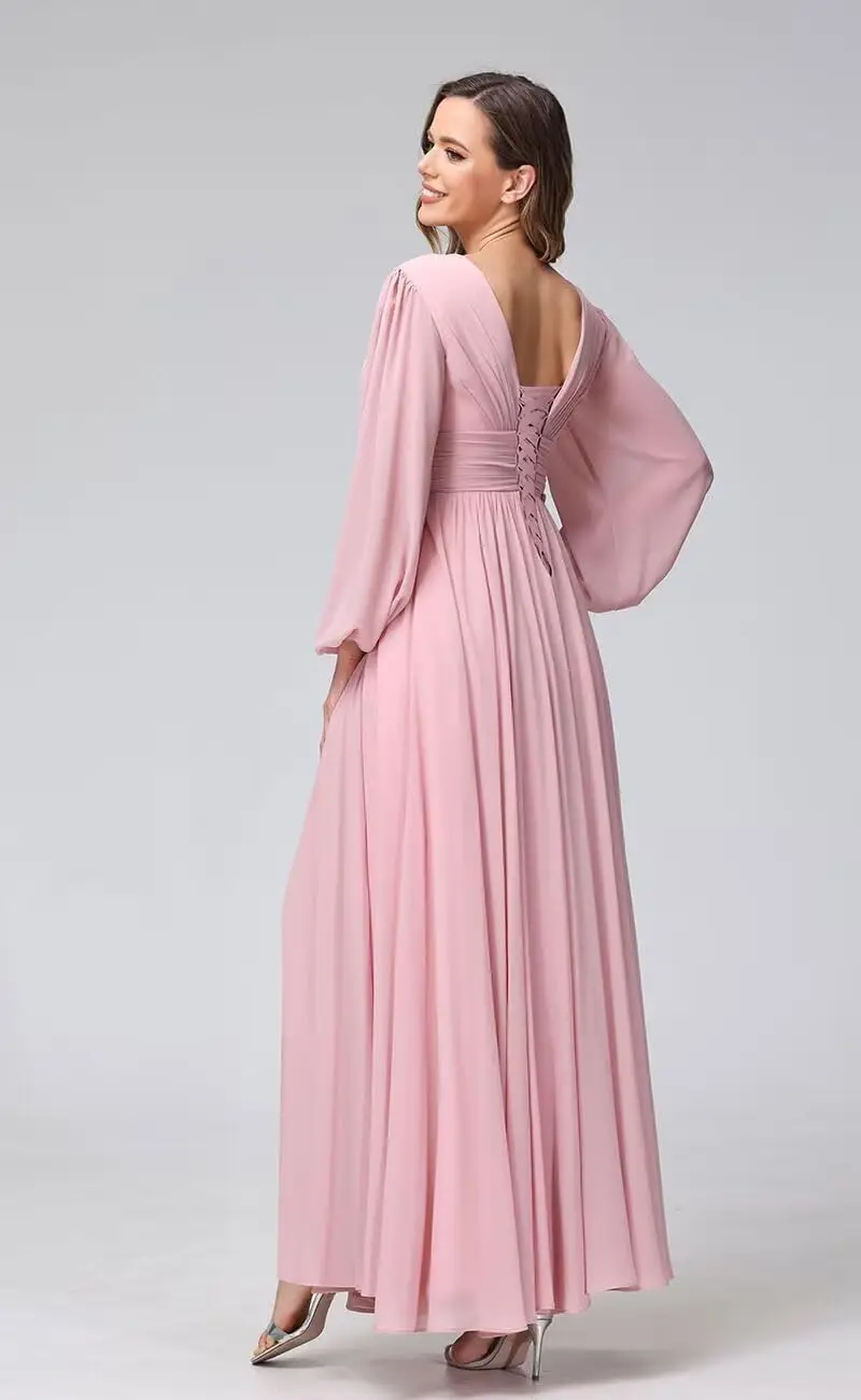 Vestido de dama de honor de manga larga con cuello redondo y bolsillos Vestidos de fiesta formales de gasa largos con vestido de noche con abertura