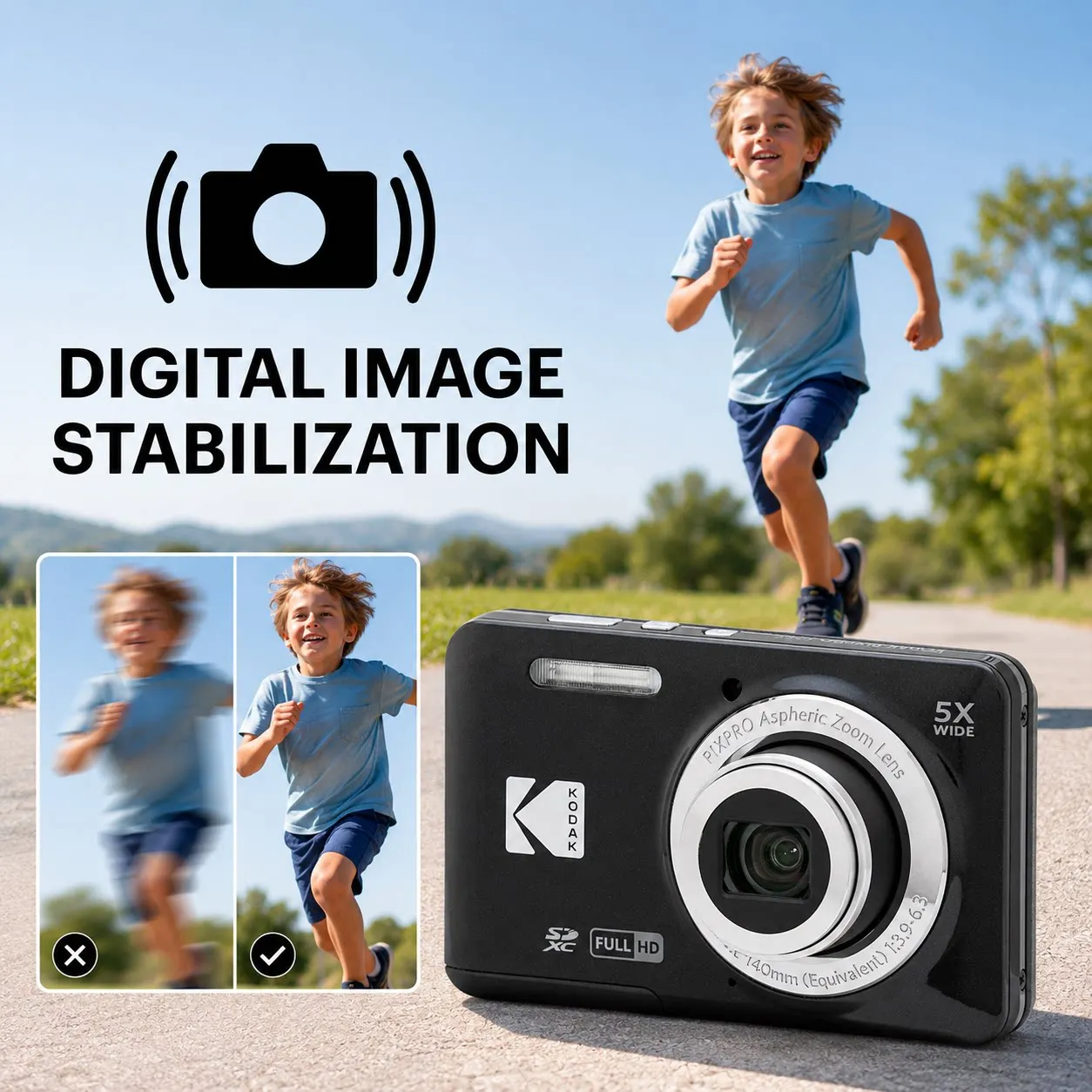 KODAK PIXPRO FZ55-RD Fotocamera digitale da 16 MP Zoom ottico 5X 28 mm Grandangolo 1080P Video Full HD Telecamera per vlogging LCD da 2,7"