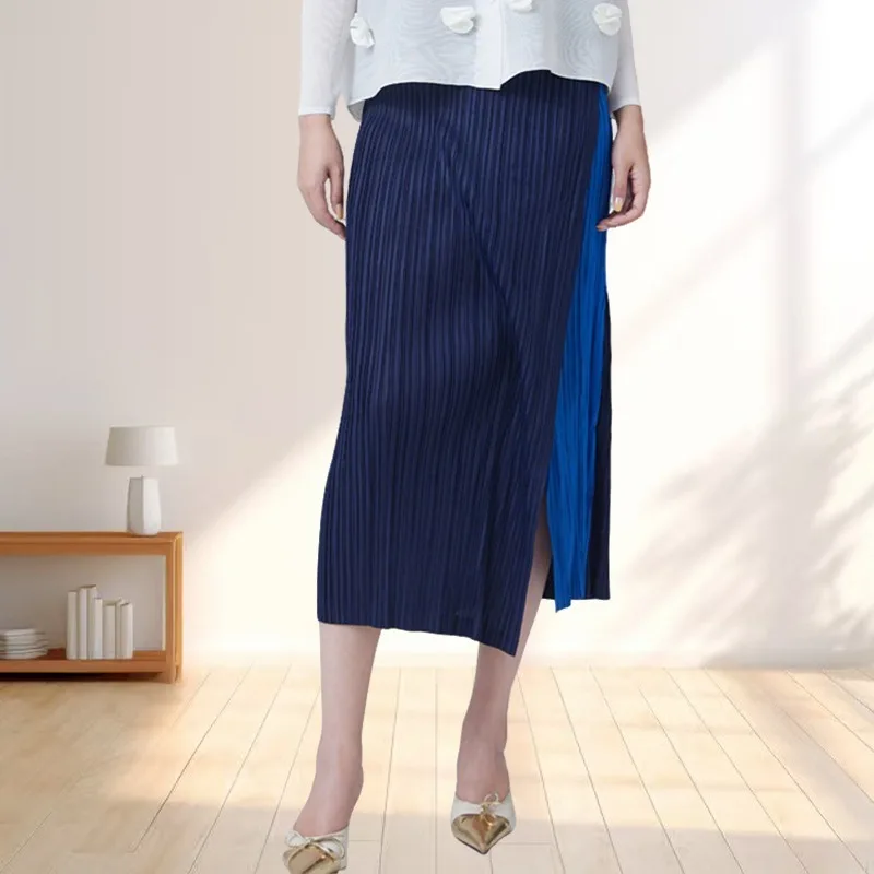 Miyake Pleated Women's Skirt  Straight Split Midi Simple Color Clash Design Casual Commuter Clothes Korea High Quality Clothing