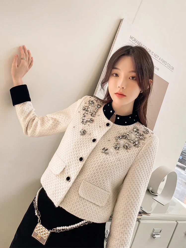 French Temperament Socialite Rhinestone Beads Velvet Splicing Lapel Long Sleeve Single-breasted Short Jacket Tops Women Autumn