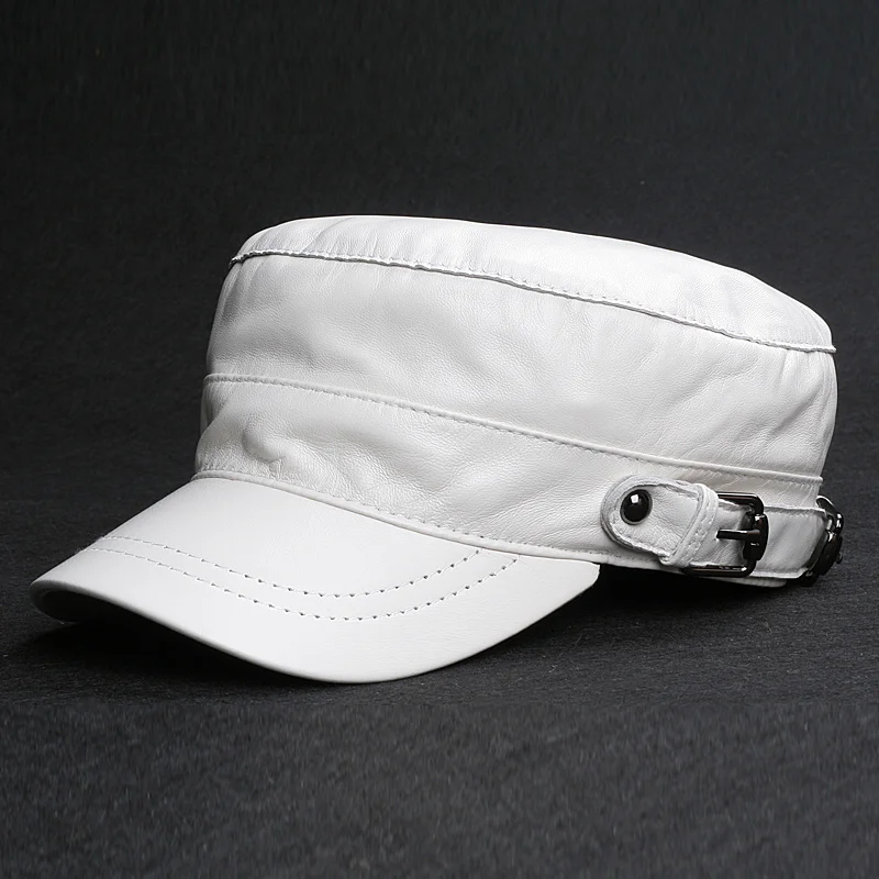 Flat Top Korean Military Hats Men Genuine Leather Fitted White Caps Male Young Thin Casual Casquette Homer