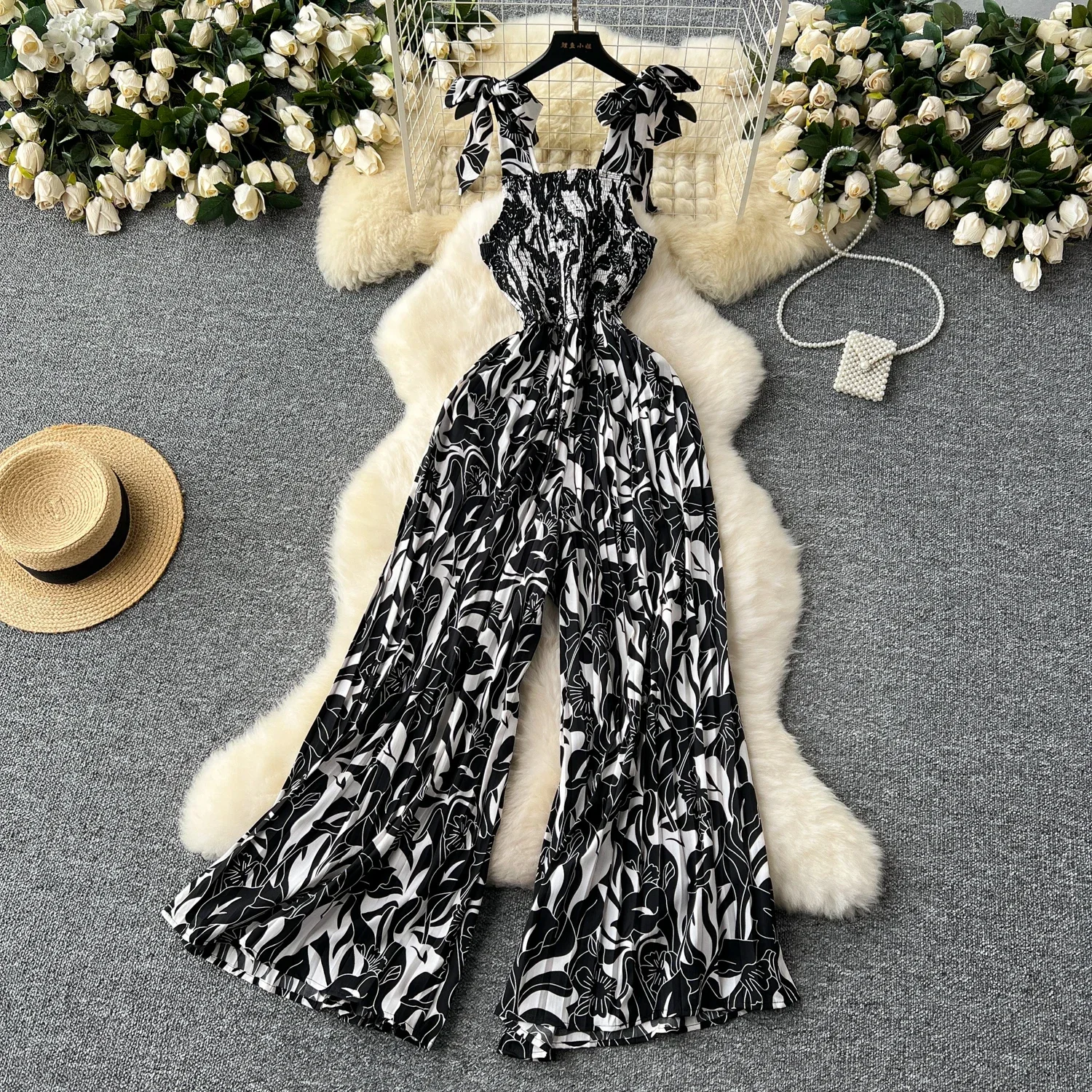 Jumpsuit with Straps for Women Summer Print Women Jumpsuit Wide Leg Pants Sexy Sleeveless Jumpsuit One Piece Outfit