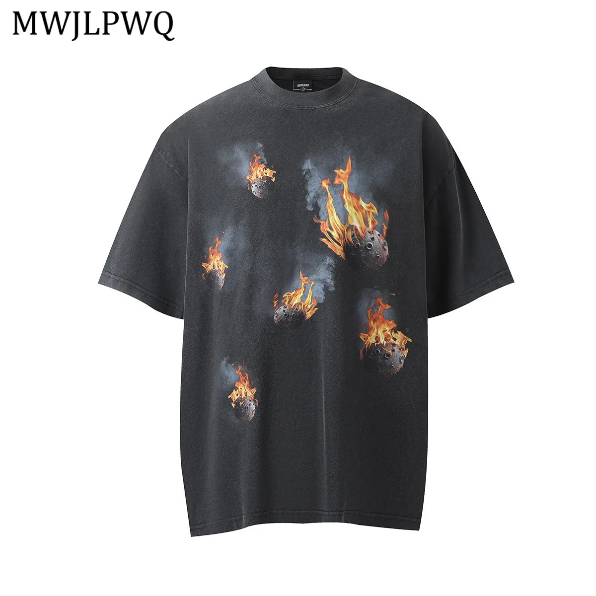 

MWJLPWQ 2025 Американская модная мужская футболка с принтом и коротким рукавом High Street с круглым воротником, свободные повседневные топы, мужская одежда 20958