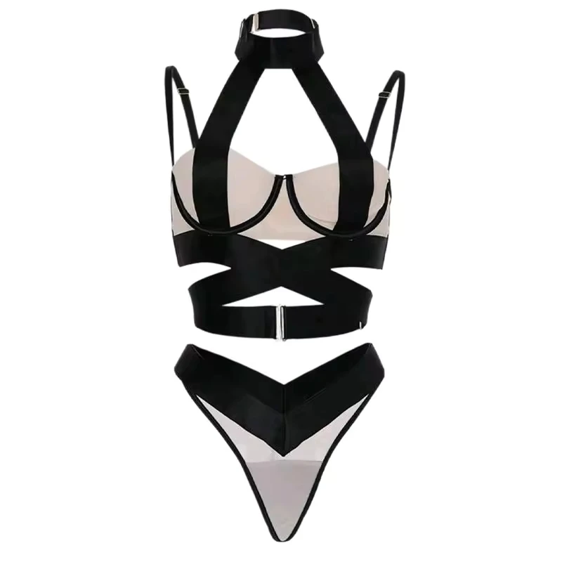 

Western Sexy Criss Cross See Through Mesh Splicing Webbing Bra For Women Lady Female Outfit Hot Lingerie Sexy Erotic Suits Set