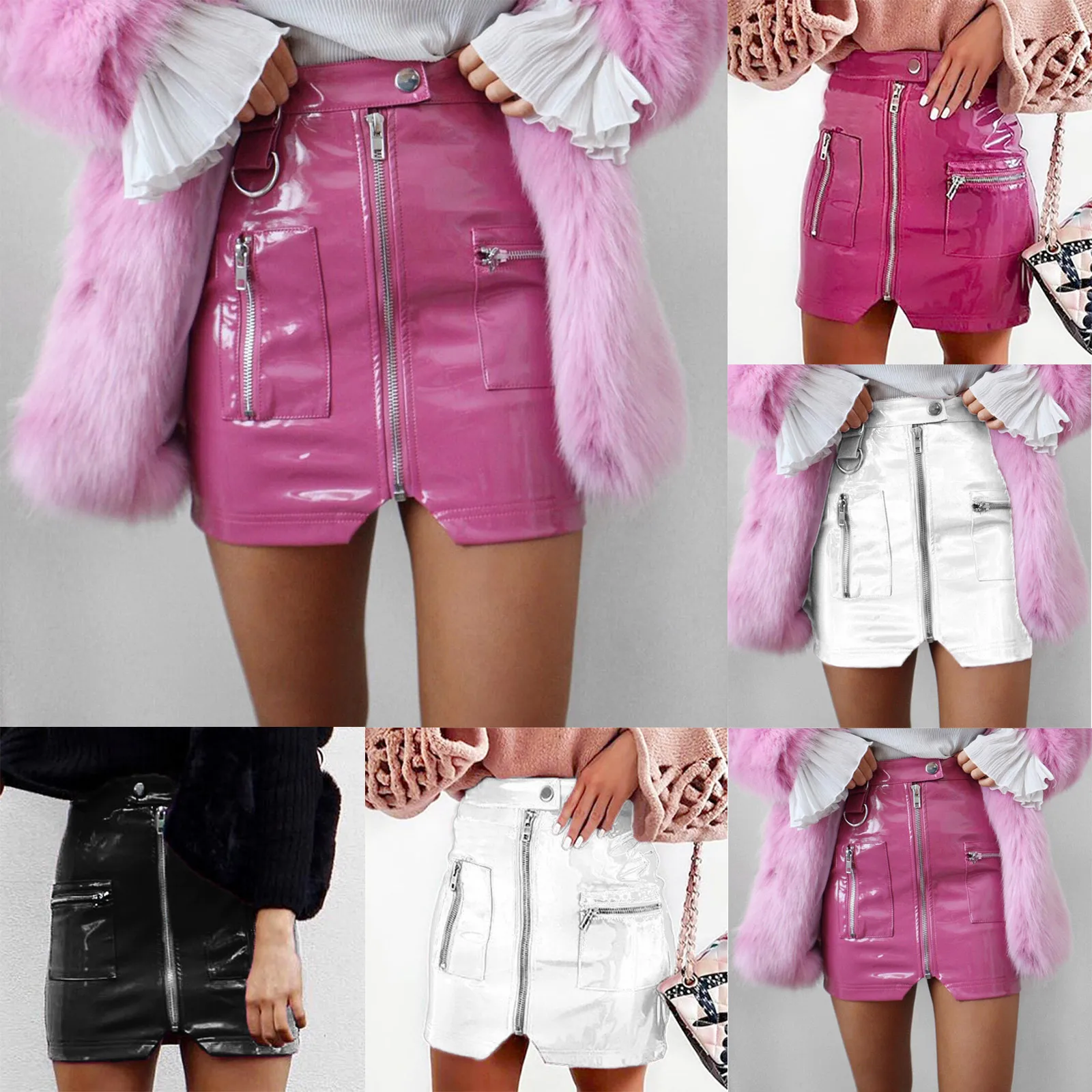 Sexy Club Outfits Women Mini Skirt Pu Leather Pvc High Waist Zipper Pocket Package Hip Shorts Female Streetwear Party Pink Black