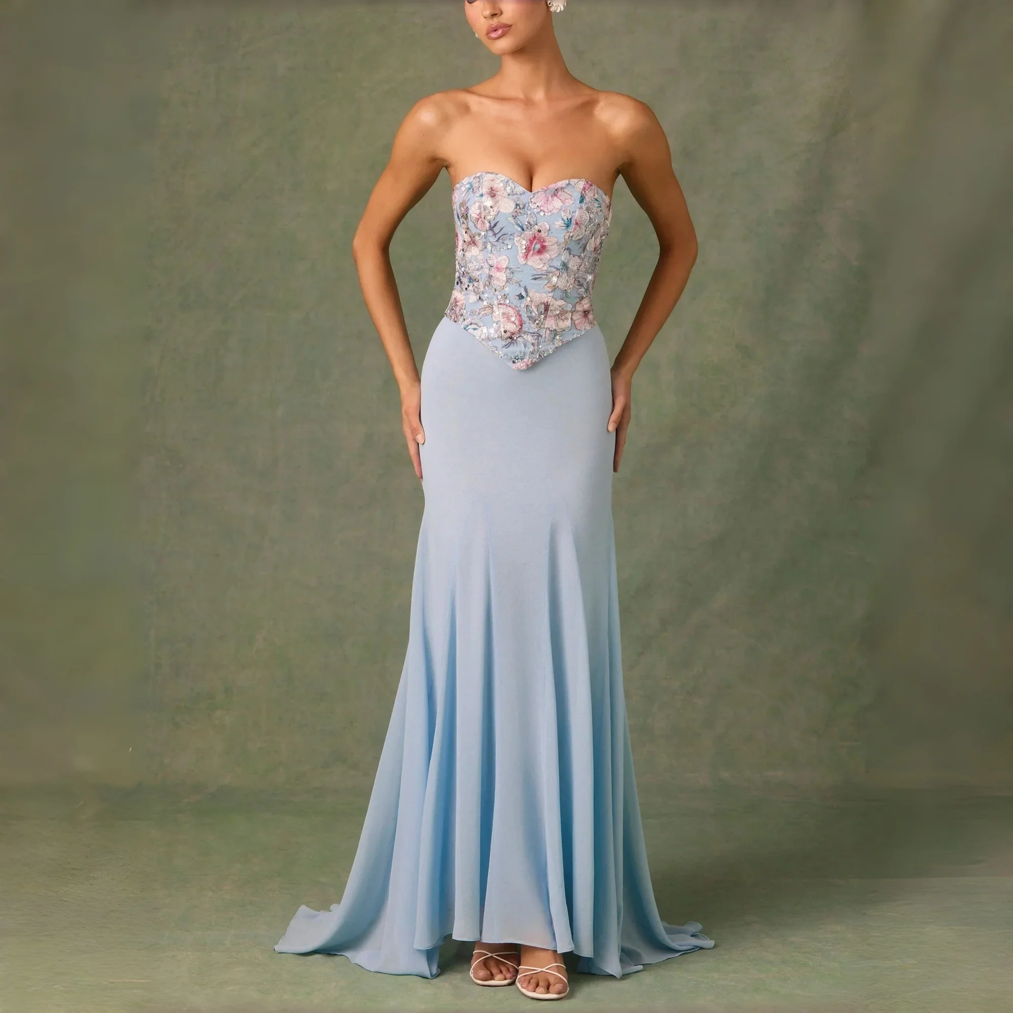 Strapless Sweetheart Neck Evening Dress with Floral Beaded Bodice and Chiffon Mermaid Skirt for Formal Events and Wedding