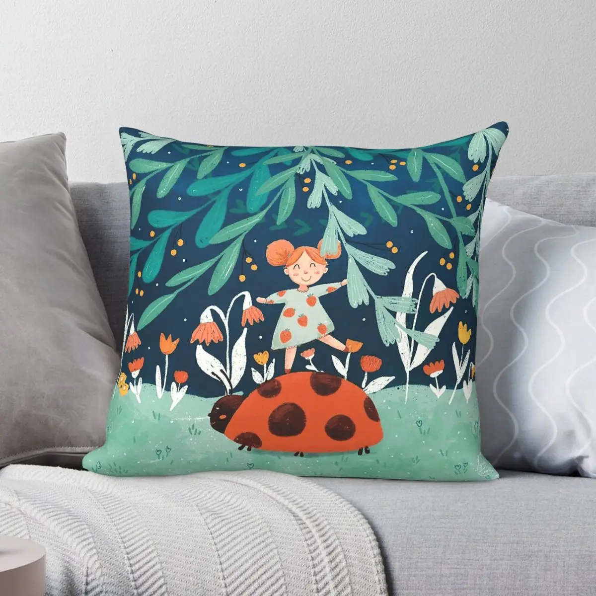 Cute Girl On A Ladybug Square Pillowcase Polyester Linen Velvet Printed Zip Decorative Pillow Case Room Cushion Cover 45x45