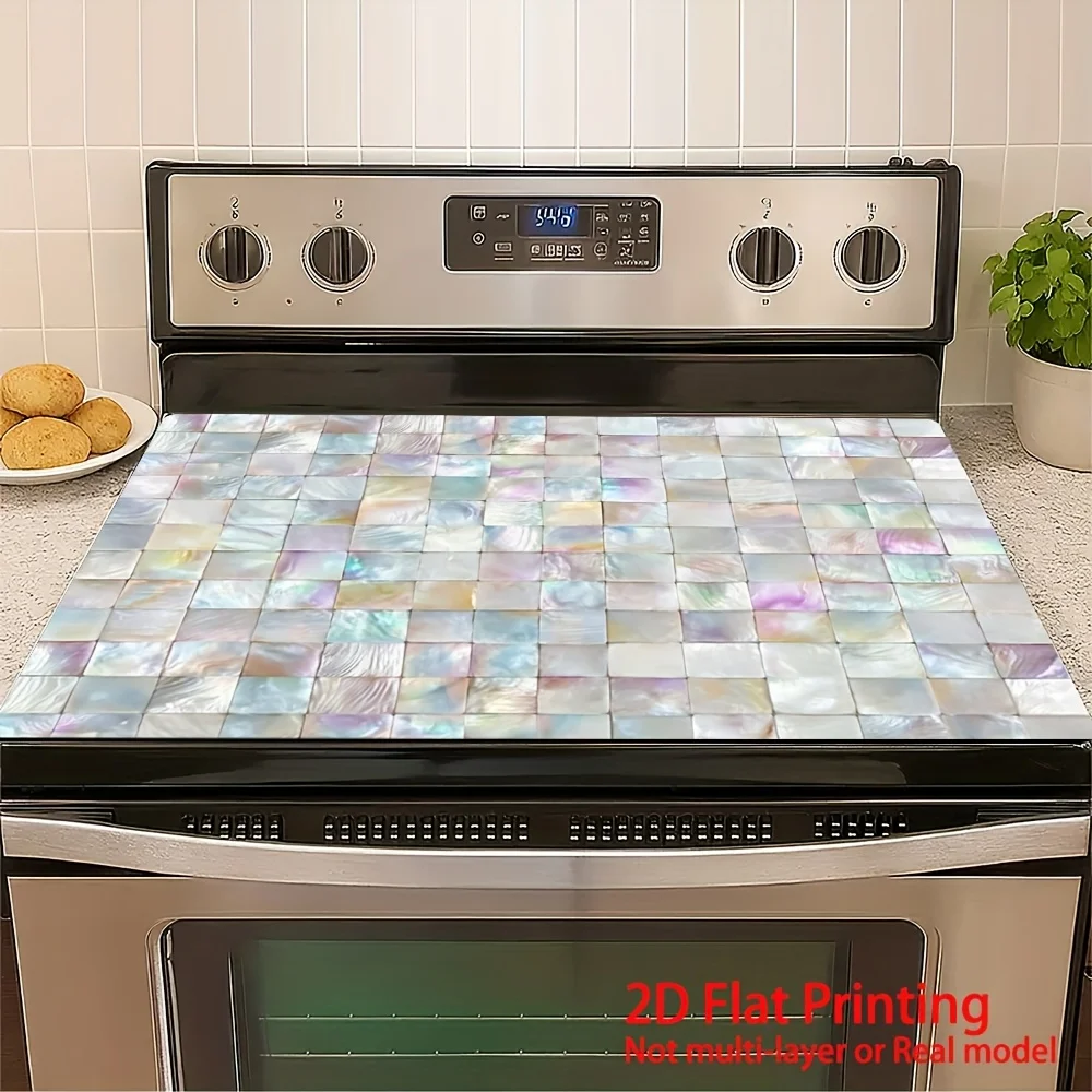 Fresh Iridescent Mother of Pearl Tile Stove Top Cover, Non-Slip Stove Protector Mat, Decorative Gas Cooktop Pad, Natural Kitchen