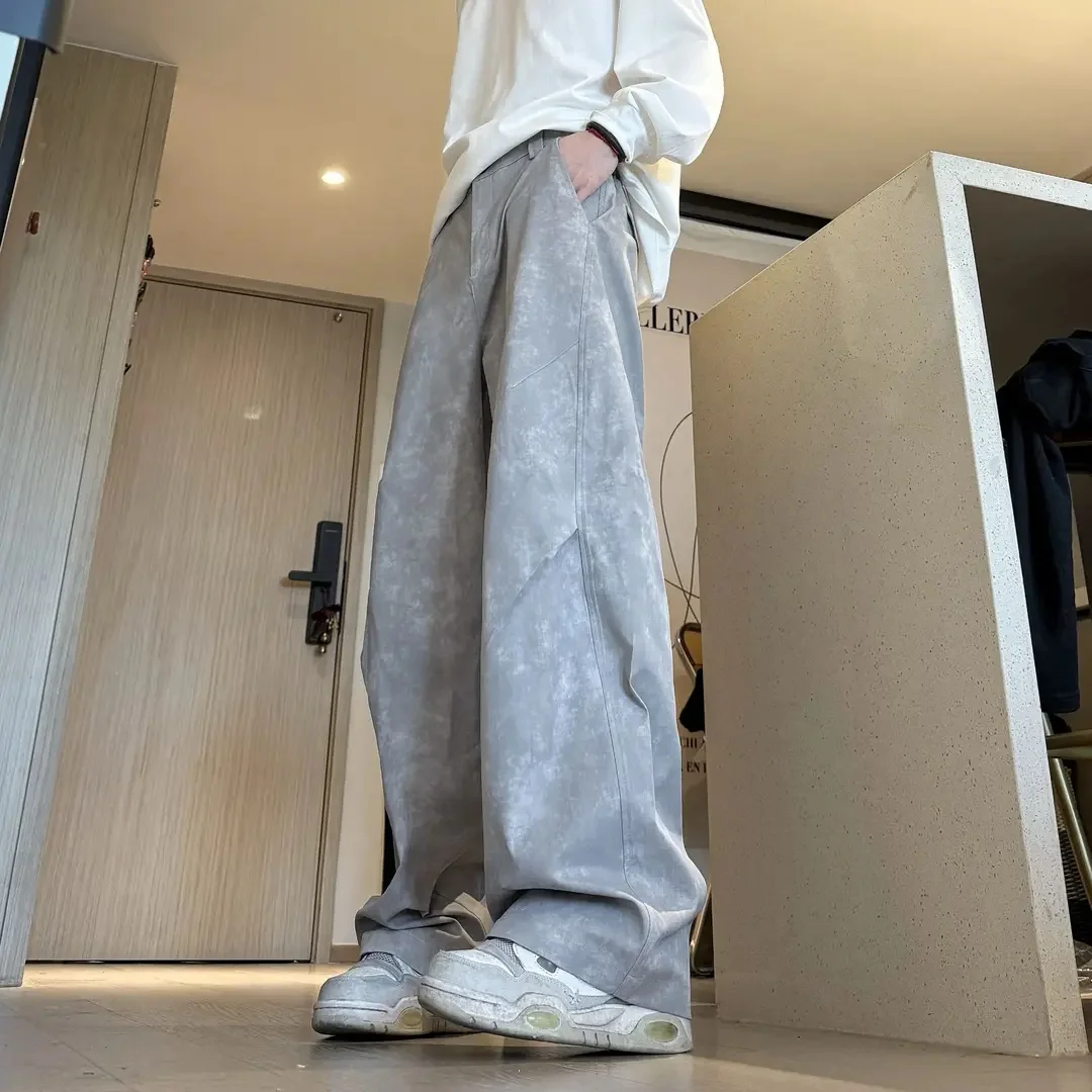 

HN Trendy Brand Men's Loose Straight Leg Casual Pants Dyed Dir Look Retro American Sle Spring Faion Polyester Fiber