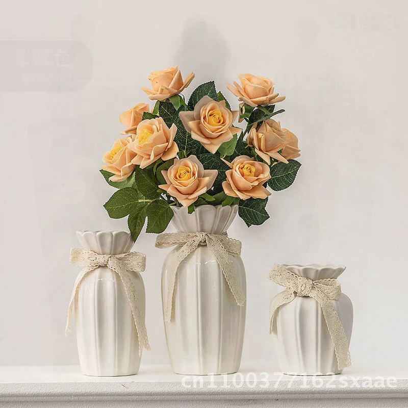 

European-Style White Ceramic Rose Flower Arrangement Vase Simple Decorative Ornament for Living Room Table Dried Flowers