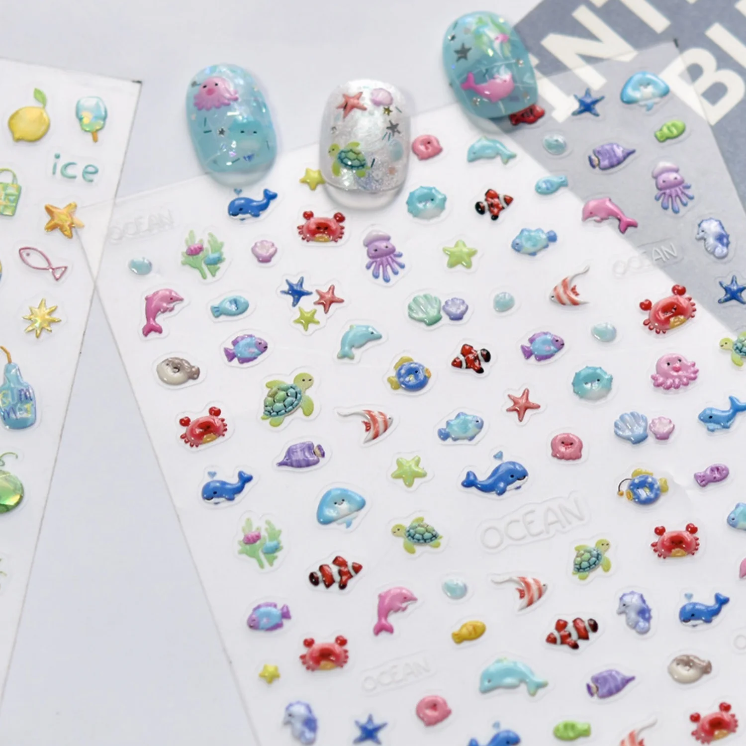 5D Ocean World Nail Stickers Summer Marine Style Dolphin Octopus Crab Turtle Tropical Fish Shell Nail Decals Cute Sea Manicure