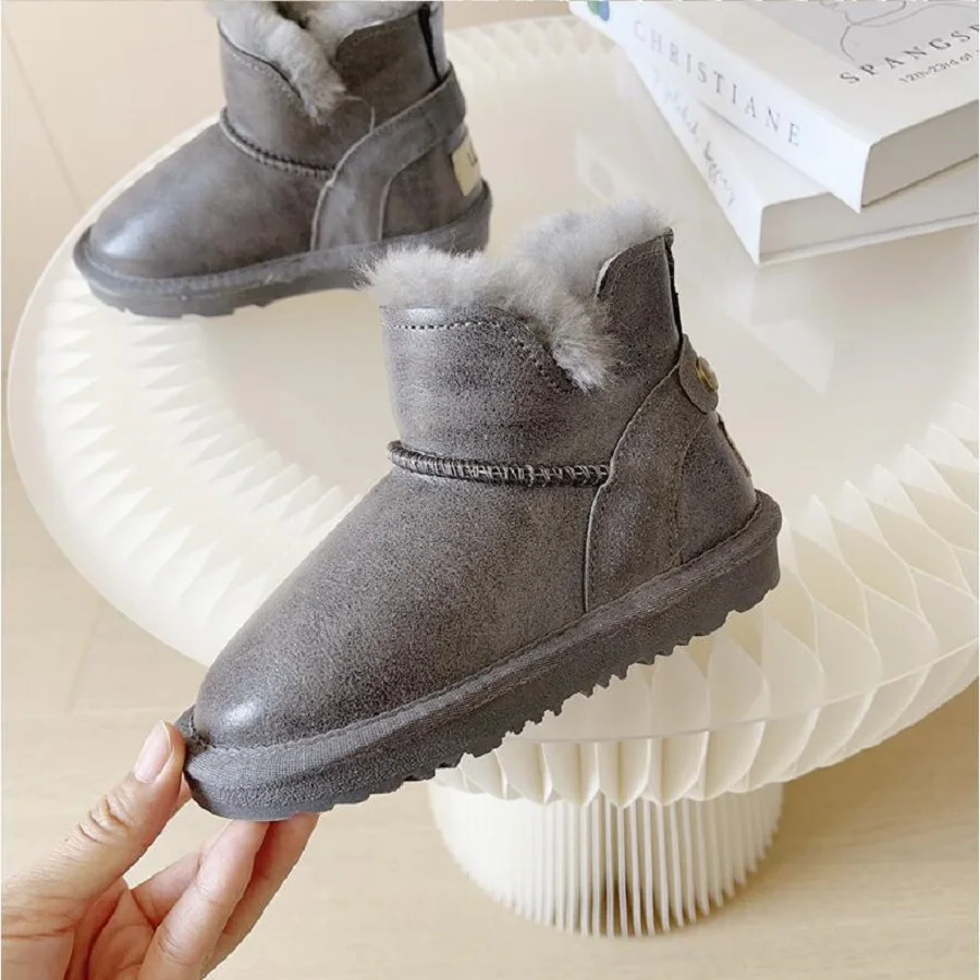 Winter New Children's Snow Boots Leather fur Integrated Plush Cotton Shoes Men's Girls' Snow Anti-skid Casual Short Boots 25-35