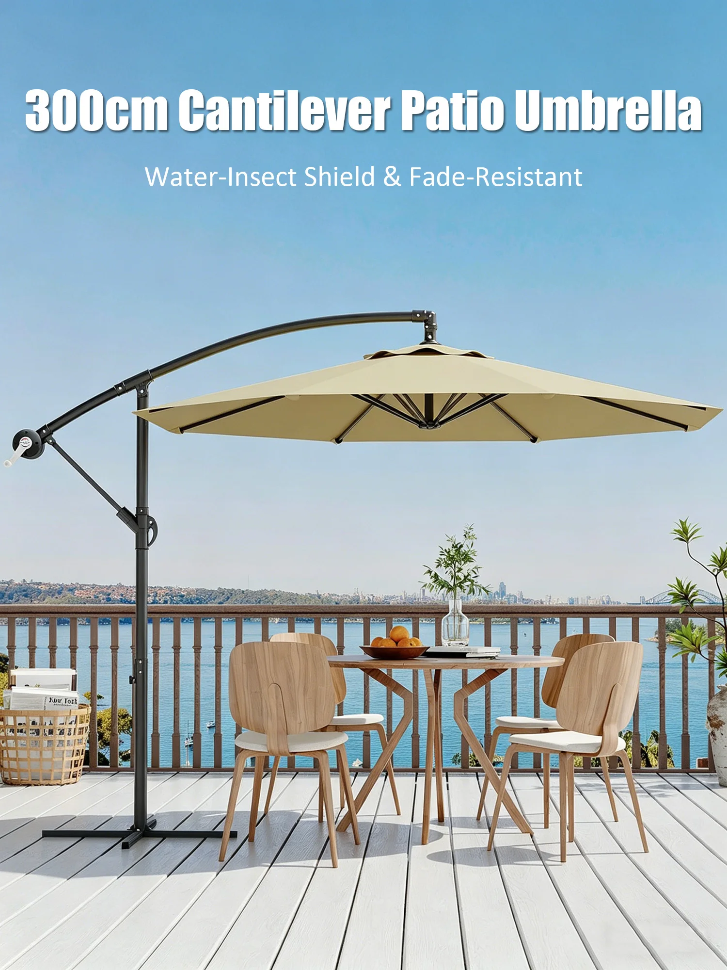 Parasol cantilever de 300 cm 360 °   Parasol d'extérieur avec manivelle rotative et protection UV, avec base, pour terrasse, jardin, piscine