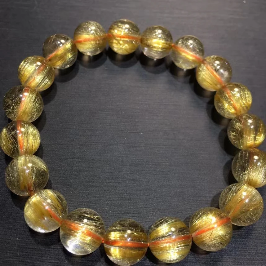 Natural Gold Rutilated Quartz Clear Round Beads Bracelet 10mm Rutilated Brazil Women Men Fashion Wealthy Stone AAAAAAA