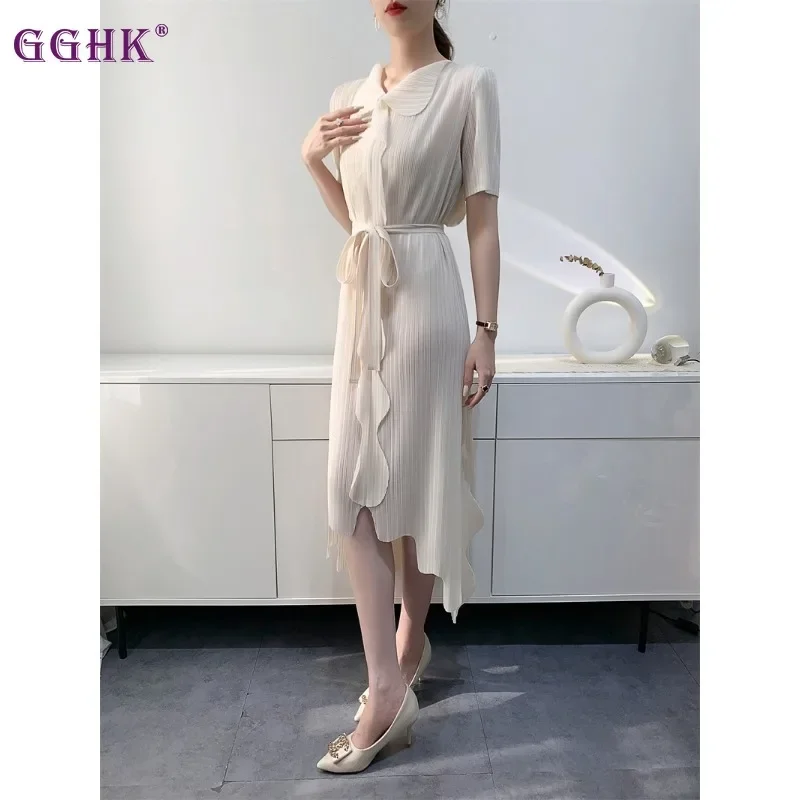 GGHK Pleated Women Elegant Dress 2024 Spring and Autumn New Solid Color Doll Neck Tie Design Casual Dresses Daily Clothing