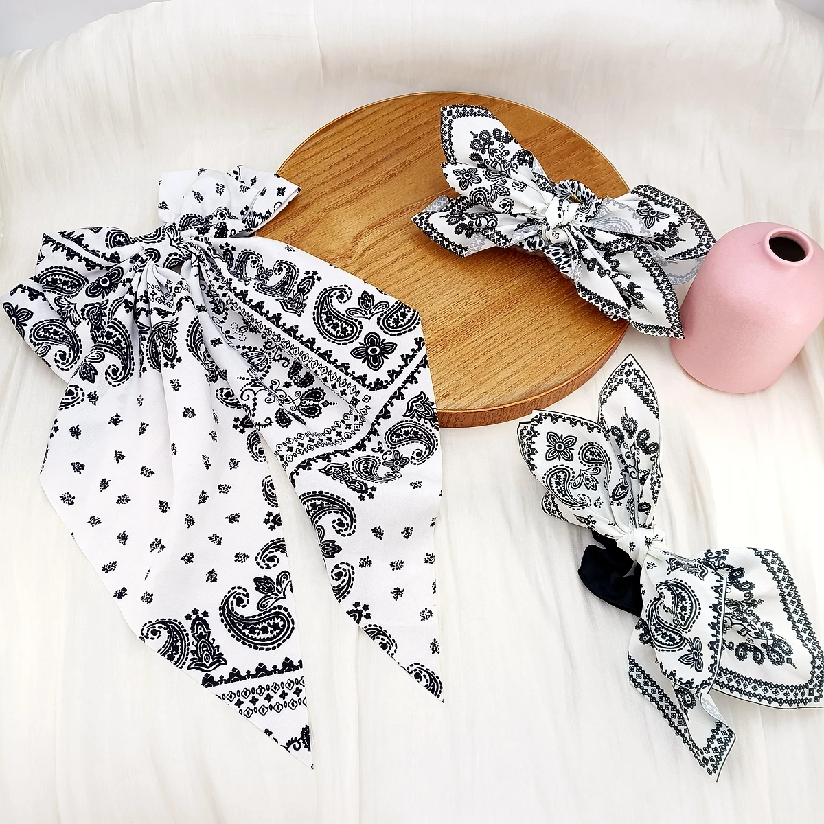 1/2 قطعة خمر طباعة كبيرة القوس Scrunchies مشبك شعر كليب ربطة القوس فيونكة الشعر حلقة مزدوجة الوجهين القرش كليب النساء غطاء الرأس اكسسوارات